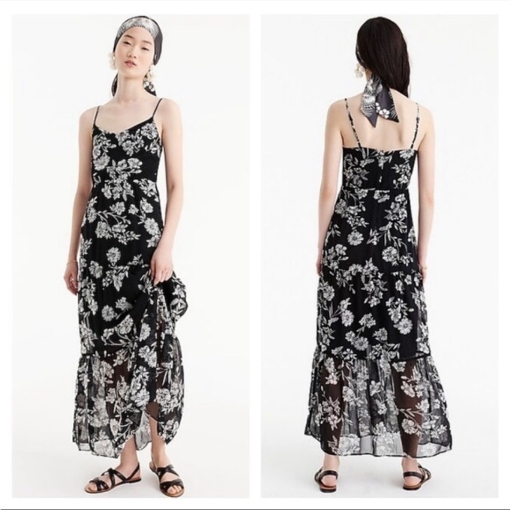 NWT J. Crew Mercantile Dress Daisy Floral Black White Tiered chiffon Maxi Summer